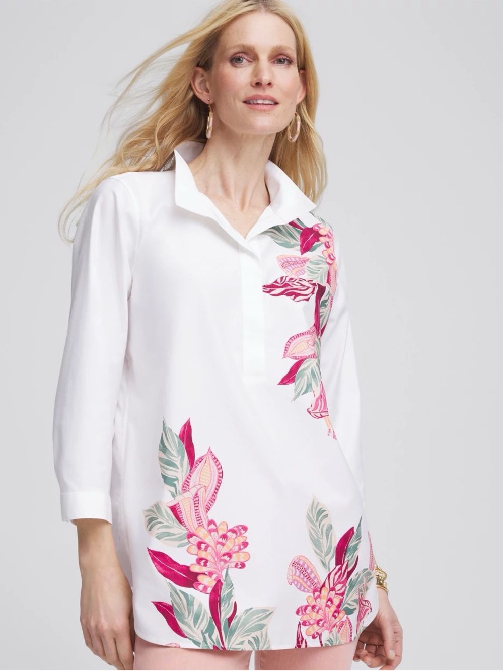 Chico's Floral Buttonback Tunic White Size 4 Chico 0 Beachy Coastal Resortwear